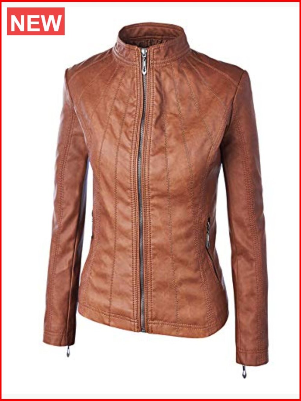 Faux Leather Moto Biker Jacket with Stitching Detail - Picture 5 of 7